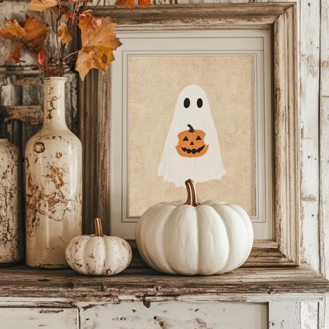 Halloween Sign Decor, Pretty Halloween Decor, Drawing Cottage, Cottage Halloween Decor, Ghost Holding Pumpkin, Minimalist Halloween Decor, Ghost Holding A Pumpkin, Cottage Halloween, Vintage Pumpkins