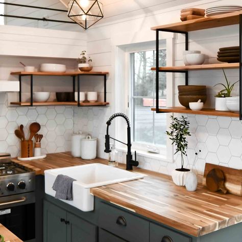 Kitchen With Butcher Block Counters, Kitchens With Butcher Block Countertops, Bat Decorations On Wall, Tiny Home Kitchen, Butcher Block Countertops Kitchen, Modern Tiny Home, Kitchen Butcher Block, Green Kitchens, Wood Countertops Kitchen