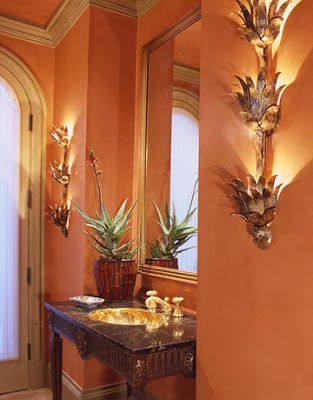 Apricot Bathroom Walls, Terra Cotta Bathroom Walls, West Indies Decor, British Colonial Decor, Tropical Bathroom, Orange Bathrooms, Living Room Orange, British Colonial Style, Soft Coral