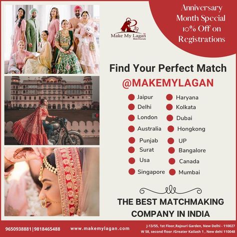 You can find your soulmate aka your better half with #Makemylagan this month : Best Matrimonial Service Provider in India. Visit our offices in GK1 & Rajouri Garden or visit www.makemylagan.com . To know more call us or #whatsapp +91 -78272 56784, +91 9811713399, 011- 43787800 Matrimonial Services, Find Your Soulmate, Indian Wedding Couple, Finding Your Soulmate, Good Marriage, Better Half, New Delhi, Service Provider, Kolkata