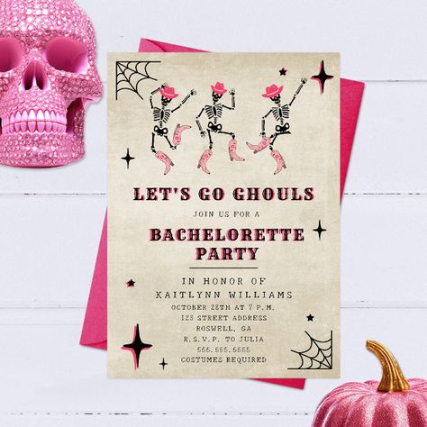 Let's Go Ghouls Halloween Bachelorette Party Invitation Costume Bachelorette Party, Fall Themed Bachelorette Party Ideas, October Bachelorette Party Theme, Halloween Theme Bachelorette, Halloween Hen Party, Bachelorette Party Halloween Theme, Bachelorette Halloween Theme, Lets Go Ghouls Bachelorette, Rip Bachelorette Party Theme