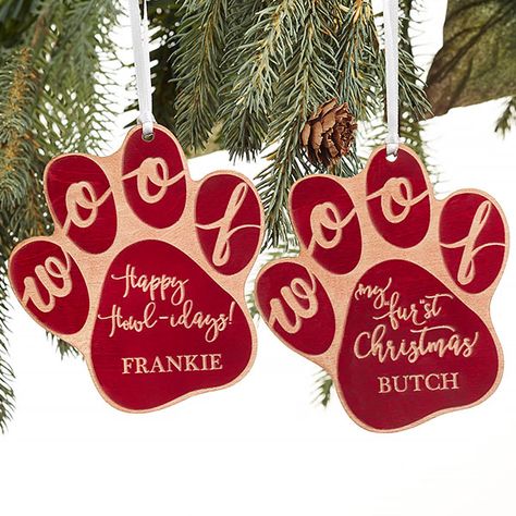 Happy Howl-idays Personalized Dog Red Wood Ornament Dog Ornaments Diy, Personalized Dog Ornament, Paw Print Design, Dog Christmas Ornaments, Wood Dog, Custom Christmas Ornaments, Dog Christmas, Dog Ornaments, Wood Ornaments