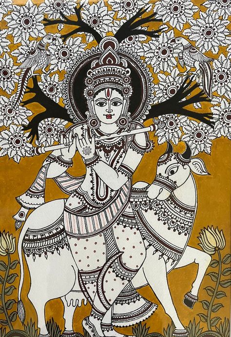 Kalamkari Art Design, Madhubani Art Design Indian Paintings, Kalamkari Painting Kalamkari Painting Design, Kalamkari Painting Traditional, Kalamkari Painting Easy, Kalamkari Drawing, Madhubani Paintings Traditional, Traditional Madhubani Art, Krishna Hand