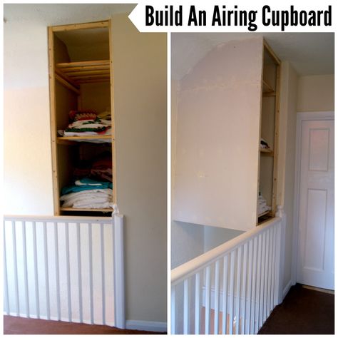 The Syders: Home on A Budget - Build An Airing Cupboard Over Stairs Storage, Stairs Bulkhead, Landing Storage, Box Room Bedroom Ideas, Hallway Cupboards, Airing Cupboard, Stair Well, Staircase Storage, Home On A Budget