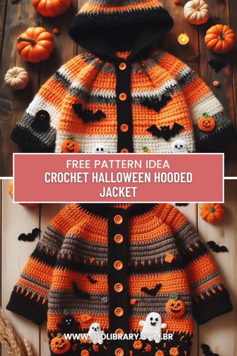 Crochet Halloween-Themed Hooded Jacket with festive motifs and vibrant colors, perfect for keeping warm and stylish during the Halloween season. Crochet Clothes Halloween, Crochet Halloween Sweater Pattern Free, Halloween Sweater Crochet Pattern, Halloween Crochet Wearable, Crochet Halloween Cardigan Pattern, Halloween Crochet Cardigan, Crochet Halloween Cardigan, Crochet Halloween Costume, Halloween Cardigan