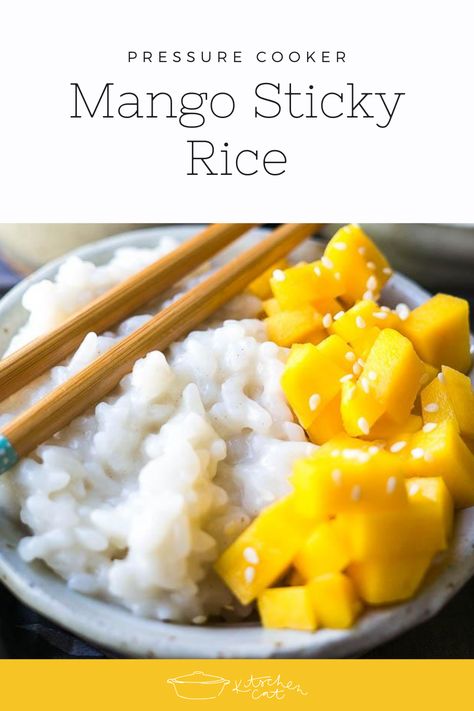 Pressure Cooker Mango Sticky Rice with Coconut Cream is a classic Thai dessert that's creamy, refreshing, and the perfect end to a spicy meal! Mango Sticky Rice Recipe, Sticky Rice Recipe, Pressure Cooker Desserts, Pressure Cooking Recipes, Mango Sticky Rice, Thai Dessert, Berries Recipes, Fruit Dishes, Sticky Rice