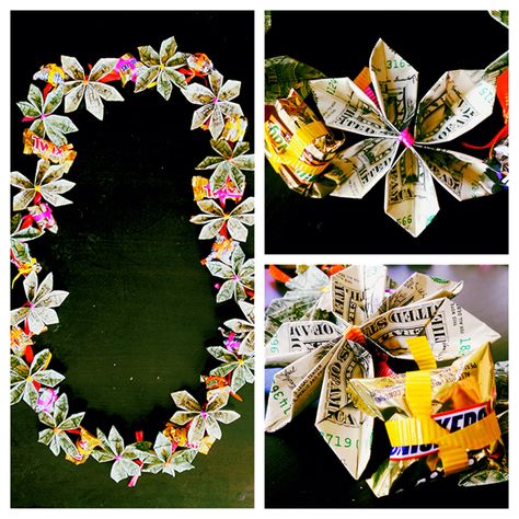 This is a money/candy lei I made for my sister for graduation. Here is the website I used to make the flowers out of dollar bills http://www.homemade-gifts-made-easy.com/origami-money-flowers.html  I then just tied ribbon around the middles and tied them to a thicker ribbon with small pieces of candy inbetween the flowers. Fairly easy but it is time consuming depending on how many flowers you want to make. Artist, me, Rachel Lackowski :) Candy Leis, Money Lei Diy, Graduation Leis Diy, Origami Money, Graduation Money Lei, Candy Lei, Graduation Money Gifts, Diy Graduation Gifts, Dollar Bill Origami