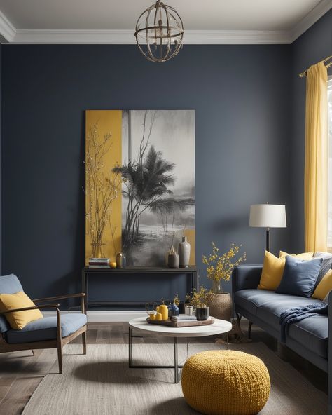 DIY Modern Living Room | Perfect Living Room | Grey and Yellow Living Room #modernliving #moderninterior #moderninteriordesign #livingroomdesigns #yellowandgrey Grey Yellow Blue Living Room, Diy Modern Living Room, Yellow And Grey Living Room, Blue And Yellow Living Room, Grey And Yellow Living Room, Grey Living Room, Blue Interior Design, Living Room Decor Gray, Yellow Living Room