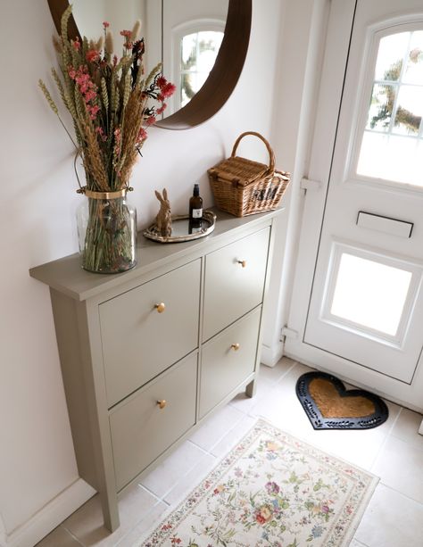 Shoe Cabinet Makeover, Ikea Hemnes Shoe, Ikea Hemnes Shoe Cabinet, Hemnes Shoe Cabinet, Ikea Shoe Cabinet, Dainty Dress, Narrow Hallway Decorating, Ikea Hemnes, Hallway Designs