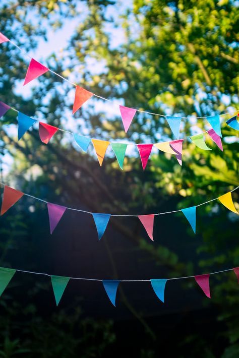 bunting in summer garden | Catherine MacBride | Flickr Garden Bunting Ideas, Garden Bunting, Pinterest Friends, Party Bunting, Summer Bbq, Summer Garden, Go Camping, Cottage Garden, In Summer