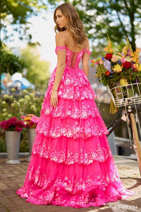 Sherri Hill 55500, Lace Prom Gown, Sequin Ball Gown, Sheer Corset, Off Shoulder Gown, Pink Things, Lace Evening Gowns, Princess Sleeves, Corset Dress Prom