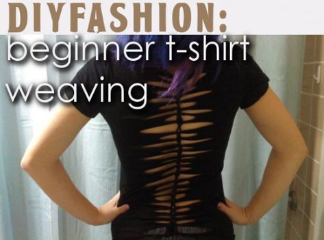 T-shirt weaving is a fun and easy way to add some attitude to your wardrobe. Learn how to replicate this style with your own snazzy threads. Shirt Weaving, Cut Tshirt Diy, Cut Up T Shirt, Cut Shirt Designs, T Shirt Weaving, Diy Cut Shirts, Shirt Makeover, Cutout Shirts, Cut Up Shirts