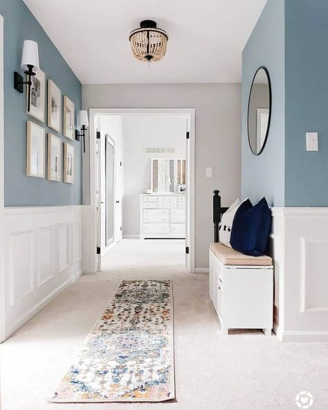 Blue Walls With White Wainscoting, Light Blue Hallway, Calming Home Decor, Stairs And Hallway Ideas, Small Room Nursery, Calming Home, Blue Hallway, Blue Fall Decor, Pale Blue Walls