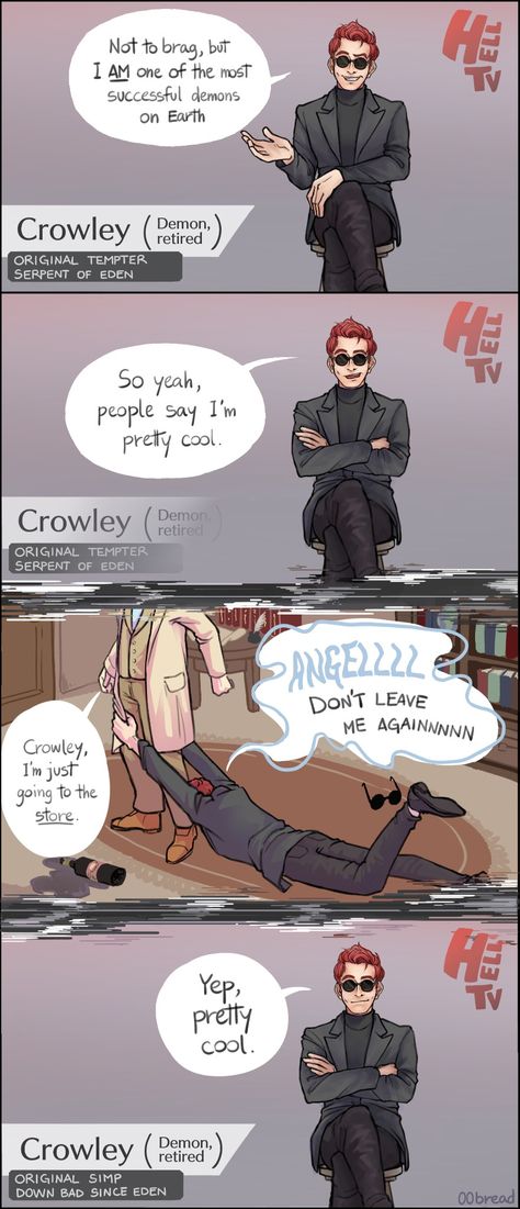 Crowley In Heaven, Good Omens Ineffable Husbands, Crowley Aziraphale, Good Omens Book, Ineffable Husbands, Terry Pratchett, Good Omens, Michael Sheen, Angel And Devil