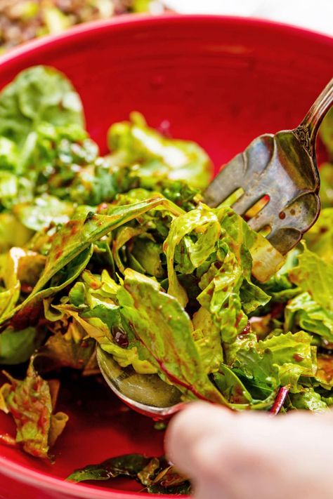 Spicy Greens Salad with Gochujang Dressing — The Mom 100 Korean Salad Dressing, Gochujang Dressing, Korean Salad, Korean Chili, Korean Chili Paste, Pork Marinade, Greens Salad, Bbq Salads, Green Salad Recipes