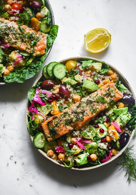 Mediterranean Fish Bowl, Mediterranean Salmon Salad, Salmon Grain Bowl, Mediterranean Salmon Bowl, Salmon Buddha Bowl, Salmon Salad Bowl, Mediterranean Quinoa Bowl, Salmon With Quinoa, Quinoa Salmon