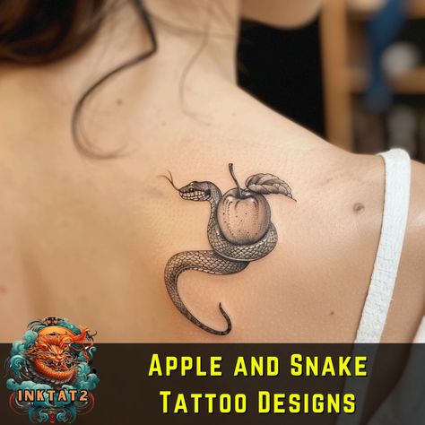 The apple and snake tattoo is inspired by the biblical story of Adam and Eve in the Garden of Eden. In the story, the snake, often depicted as a cunning and alluring creature, tempts Eve to eat the forbidden fruit from the Tree of Knowledge. This act of disobedience leads to their expulsion from paradise, Adam And Eve Tattoo, Garden Of Eden Tattoo, Eve Tattoo, Story Of Adam And Eve, The Tree Of Knowledge, Apple Tattoo, Tree Of Knowledge, Alchemic Symbols, Snake Tattoo Design