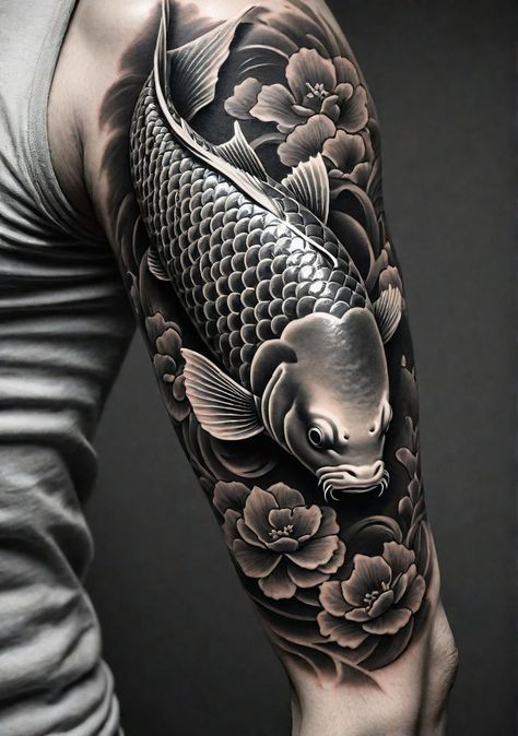 Big Japanese Tattoo, Dark Sleeve Tattoos For Women Cover Up, Asian Fish Tattoo, Black And Grey Cover Up Tattoo, Dragon And Koi Tattoo, Koi Fish Tattoo For Men, Koi Sleeve Tattoo, Coi Fish Tattoo, Tattoo Sleeve Cover Up