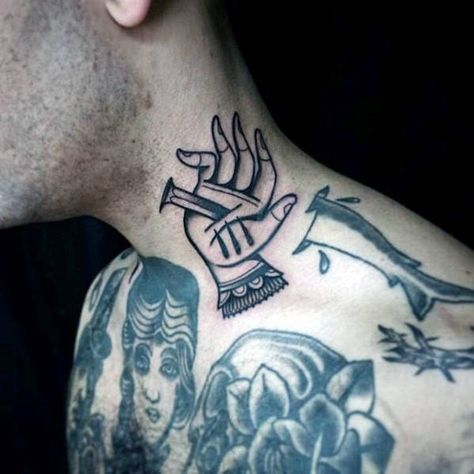 Nail In Hand Guys Traditional Neck Tattoos Simple Neck Tattoos, Full Neck Tattoos, Best Neck Tattoos, Small Neck Tattoos, Tattoo Neck, Back Of Neck Tattoo, Neck Tattoo For Guys, Disney Tattoo, Cool Tattoos For Guys