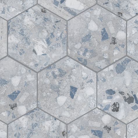 Beach Cottage Backsplash, Tile With Blue Accents, Teal Floor Tile, Best Tile For Small Bathroom Floors, Small Powder Room Floor Tile, Coastal Floor Tile, Bathroom Wall And Floor Tile Ideas, Hexagon Floor Tiles Bathroom, Hexagon Wall Tile Bathroom