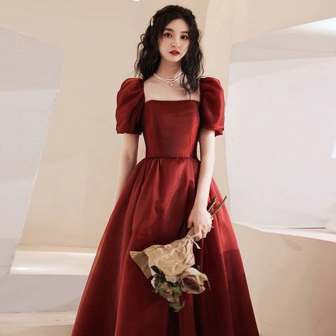 Square Neck Prom Dress With Sleeves, Puffy Sleeves Prom Dress, Birthday Style Dresses Long, Dark Red Dress With Sleeves, Red Prom Dress Sleeves, Red Prom Dresses With Sleeves, Puffed Sleeve Prom Dress, Long Sleeve Red Dress Formal, A Line Prom Dresses With Sleeves