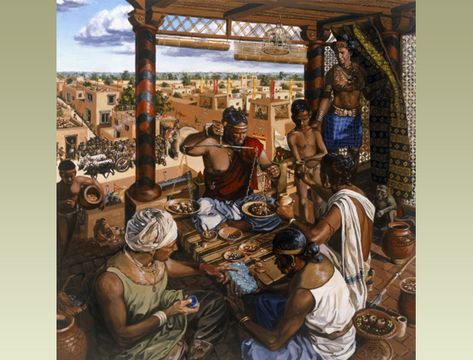 A modern artist's reconstruction of life in an Indus city. Workers are busy making goods to trade. Primary History, Bronze Age Civilization, Historical Illustration, Indus Valley, Valley City, Indus Valley Civilization, History Of India, Ancient Origins, Ancient India