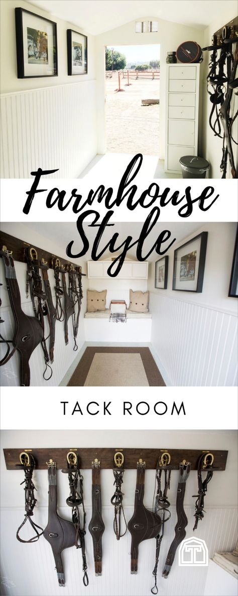 What better place to add farmhouse style than a tack room? With bead board, rustic gold accents, and a cozy bench, this farmhouse style tack room is the perfect place to find inspiration for your home, barn, or shed. Even a utilitarian shed can be a great place to add style. Get some interior decor inspiration with this unexpected, stylish farmhouse style tack room. Your backyard shed will be full of farmhouse style when you take interior design tips from this equestrian shed. Shed Tack Room, Diy Tack Room, Tack Shed, White Tack Room, Tackroom Ideas Equestrian, Loafing Shed With Tack Room, Horse Organization Tack Rooms, Stable Ideas Tack Room, Shipping Container Tack Room