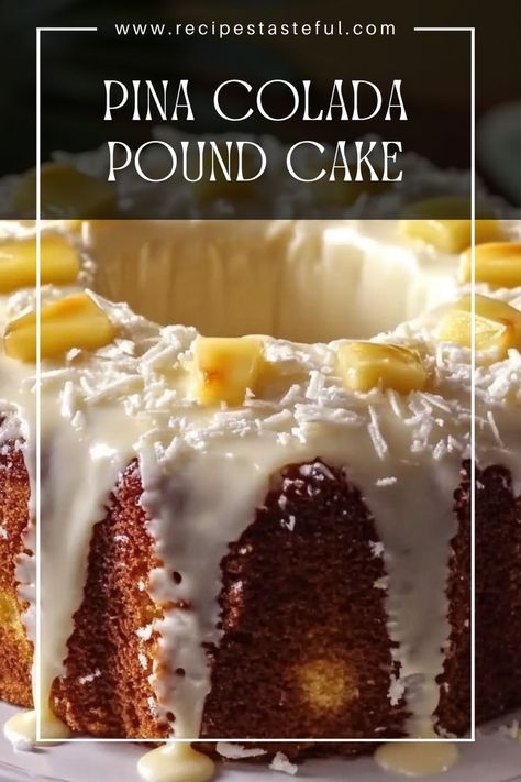 Indulge in a tropical delight with this Pina Colada Pound Cake. Combining the flavors of sweet pineapple and creamy coconut, this cake is perfect for dessert or a sweet snack. Topped with a luscious glaze and toasted coconut, it's a delightful treat that captures the essence of a classic piña colada. Pina Colada Dump Cake Recipe, Pineapple Coconut Pound Cake, Pina Colada Recipe In A Pineapple, Coconut Pound Cake Moist, Pina Colada Pound Cake, Pina Colada Pound Cake Recipe, Pina Colada Dessert, Fry Pies, Pina Colada Cake Recipe