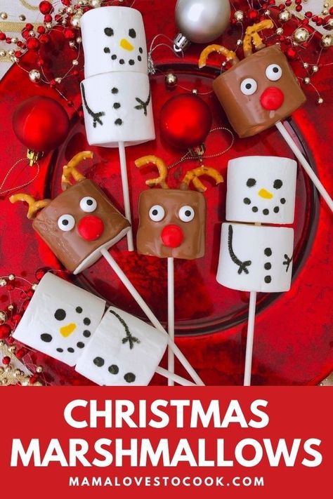 How cute are these Christmas Marshmallows pops? We share two Christmas marshmallow ideas: Reindeers smothered in melted chocolate and snowmen marshmallows with fun little faces. They're quick and easy to make and are great for Christmas party food, holiday gifts or sneaking into lunch boxes for a fun surprise. #christmaspartyfood #christmasfood #partytreats Christmas Marshmallows, Gluten Free Christmas Desserts, Christmas Food Crafts, Marshmallow Snowman, Easy Christmas Treats, Gluten Free Christmas, Recipes With Marshmallows, Kids Christmas Party, Marshmallow Pops