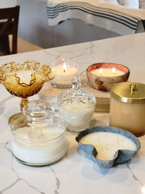 Garlandian Home Instagram: @garlandianhome Vintage Candles Thrifted Candles Wedding, Homemade Candles Aesthetic, Candles In Thrifted Containers, Thrifted Candle Holders, Candles In Vintage Glassware, Thrifted Apartment Decor, Home Made Candle, Candle Making Party, Candle Diy Mason Jar