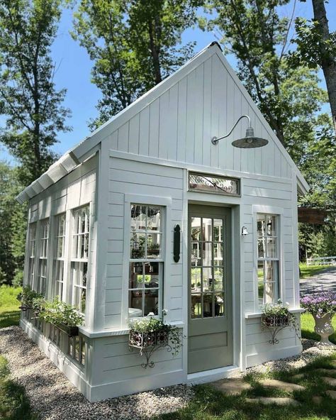 22 Ultimate Greenhouse Garden Shed Ideas You'll Love Gardens With Sheds, Pergola Into Greenhouse, Modern Farmhouse Garden Shed, Greenhouse Repurposed Windows, Shed Converted To Greenhouse, Rustic Green House Ideas, Lakehouse Storage Shed, L Shaped Greenhouse, Houses With Greenhouses Attached