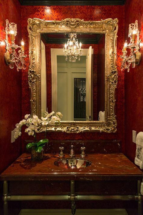 Musical Bathroom Decor, Red Victorian Bathroom, Red Tiled Bathroom, Red And Gold Room, Red Bathroom Aesthetic, Decadent Interior, Vintage Designer Aesthetic, Red And Gold Bathroom, Davis Aesthetic