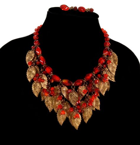 Miriam Haskell Lipstick Red Glass Brass Leaves Necklace - Etsy Phoenix Jewelry, Leaves Necklace, Miriam Haskell Jewelry, Abstract Jewelry, Vintage Jewelry Sets, Lipstick Red, Miriam Haskell, Vintage Jewelry Box, Sterling Necklaces