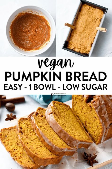 This Vegan Pumpkin Bread is the most delicious moist fall bread recipe ever, made with twice less sugar than regular pumpkin bread and of course egg free and dairy free. Fall Bread, Fall Bread Recipes, Vegan Pumpkin Bread, Pumpkin Bread Easy, Dairy Free Pumpkin, Vegan Pumpkin Recipes, Vegan Baking Recipes, Low Carb Flour, Protein Bread