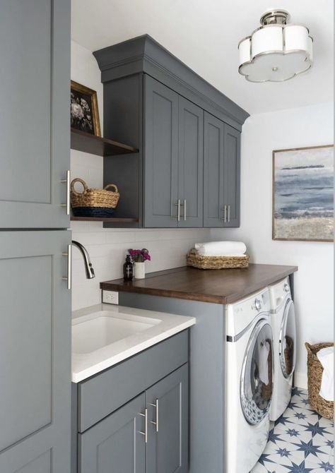 44 Super Chic Laundry Room Ideas 33 44 Super Chic Laundry Room Ideas Laundry Room With Wood Floors, Patterned Tile Laundry Room, Laundry Room With Built Ins, Butcher Block Countertop In Laundry Room, Classic Laundry Room Ideas, 10x10 Laundry Room Layout, Laundry Room With Painted Cabinets, Charcoal Laundry Room, Laundry Room Countertop Decor