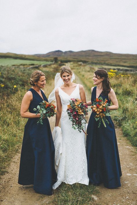 Bridesmaids wear long navy blue dresses  | Photography by http://www.alexdefreitas.com/ Navy Bridesmaid Dress, Navy Blue Long Dress, Orange Wedding Themes, Navy Bridesmaids, Scotland Wedding, Dresses With Pockets, Navy Bridesmaid Dresses, Wedding Photography Tips, Navy Blue Wedding