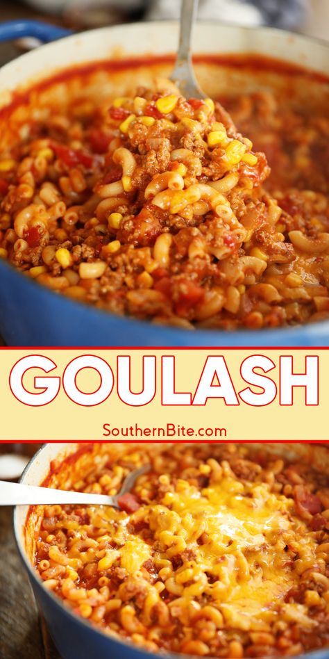 Looking for a hearty, budget-friendly meal that feeds a crowd? This easy one-pot Goulash recipe is packed with flavor and perfect for busy weeknights. Get a taste of nostalgia with this classic comfort food! Southern Recipes Meat, Southern Goulash Recipes, Golashes Recipes, Goolosh Recipe, Southern Goulash, Appalachian Food, Southern Recipes Dinner, Hillbilly Food, Meat Casseroles