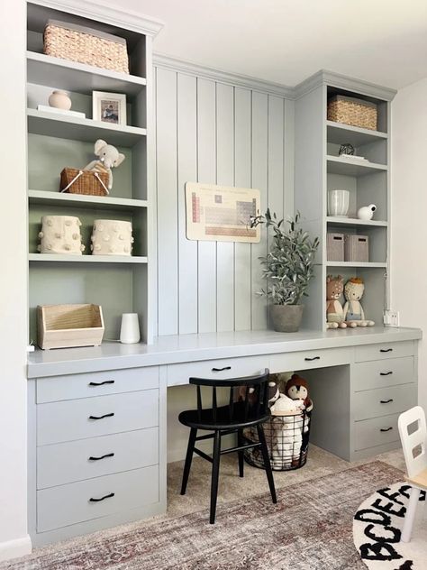 Diy Built In Desk, Color In Interior Design, French Country Desk, Built In Desk And Shelves, French Country Ideas, Gray Room, Ikea Built In, Office Built Ins, Bookshelves In Bedroom