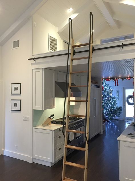 gaiexhibits-loft-ladder-web House Loft Ideas, Loft Ladder Ideas, House Ladder, Loft Railing, Ladder Ideas, Cabin Loft, Ladder Design, Tiny House Stairs, Library Ladder