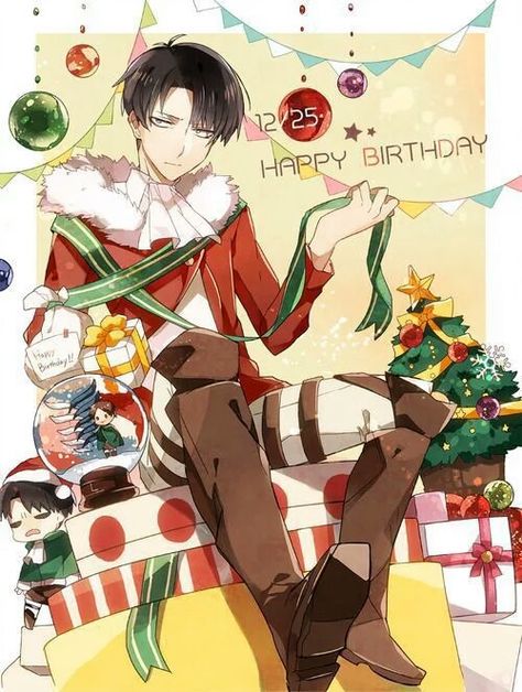 Happy birthday Levi, Eren, Christmas, text; Attack on Titan Bakugou Manga, Captain Levi, Anime Christmas, Attack On Titan Funny, Titans Anime, Ciel Phantomhive, Attack On Titan Fanart, Attack On Titan Levi, Levi Ackerman