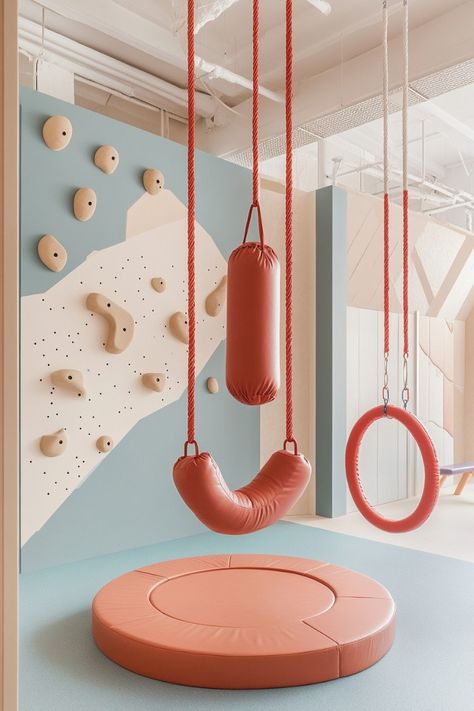 productivity. Multipurpose Sunroom, Indoor Playroom Ideas For Kids, Older Kids Playroom, Playroom Climbing Wall, Play Room Boy, Playground Room, Kids Gym Room, Active Playroom, Playroom Setup