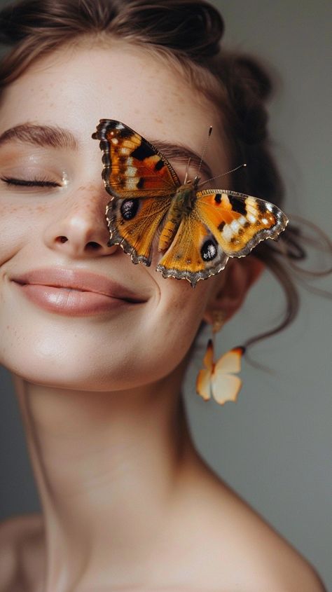 Woman With Light Brown Hair, Woman With Butterfly, Unique Senior Pictures, Butterfly Lighting, Art Photography Portrait, Butterfly Graphic, Model Face, Light Brown Hair, Photography Inspo