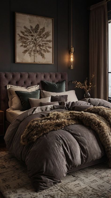 Rustic Dark Bedroom, Dark Cozy Room Ideas, Cozy Dark Room Aesthetic, Dark Romantic Bedroom Decor, Bedroom Inspiration Cozy Dark, Black Velvet Bed Bedroom Ideas, Dark And Cozy Bedroom, Moody Bedroom Aesthetic, Moody Bedroom Design