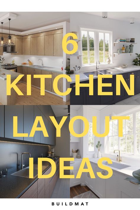 On the Buildmat Blog, we share 6 different kitchen layout ideas and why they work so well. Some of the kitchen layout ideas are with an island so everyone can congregate while cooking. Other kitchen layout plans are U-shaped while others are with a peninsula. Take a look at these 6 ideas and see which one makes the best sense for your kitchen renovation needs. Rectangle Kitchen Layout, Narrow Kitchen Layout, Kitchen Layout Design, Kitchen Layout Ideas With Island, Small Kitchen Ideas Layout, Small L Shaped Kitchens, Small Kitchen Design Layout, Designs For Kitchen, Long Narrow Kitchen