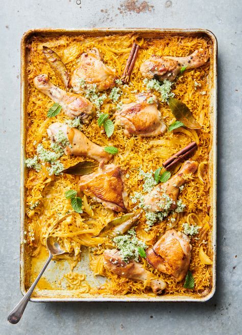 Coconut Rice And Chicken, Spiced Coconut Rice, Dish Magazine, Chicken Tray Bake, Rice And Chicken, Tray Bake Recipes, Tray Bake, Winter Dishes, Baked Dinner