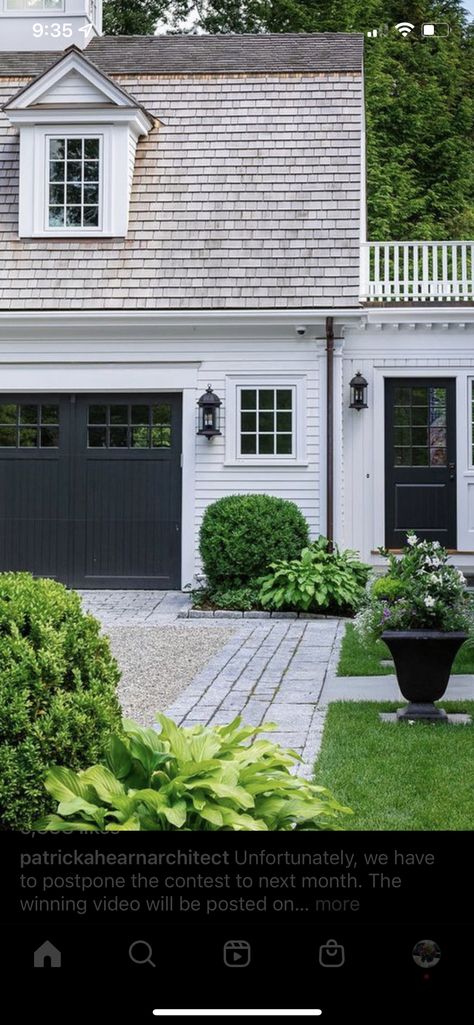 Colonial Garage, Updated Colonial, Sunroom Inspiration, Garage Door Trim, White Colonial, Carport Designs, Driveway Landscaping, Colonial Exterior, Garage Remodel