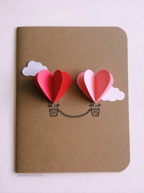 Couple Heart Hot Air Balloon Card - 25+ Easy DIY Valentine's Day Cards - NoBiggie.net Paper Hearts, Brown Paper, Hot Air, Balloons