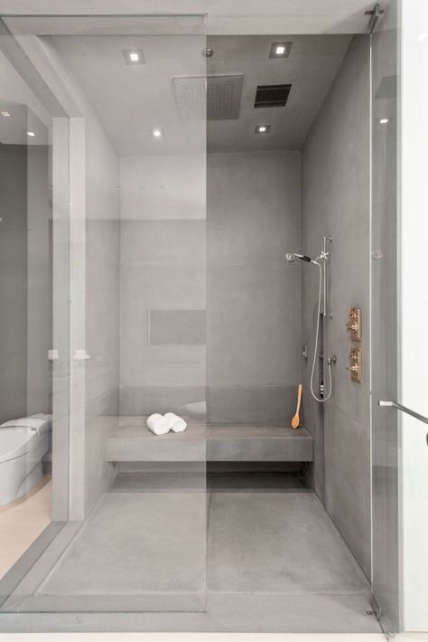 This spa-worthy walk-in shower💦 is constructed with gray concrete for a seamless look, features a ceiling mounted showerhead and has a sleek built in bench. #bathroominspo #bathroomgoals #bathroomdesign #bathroomremodel #bathroomideas #luxurybathroom #newconstruction #builder #architecture Shower Bench Built In, Bench Bathroom, Concrete Bath, Bath Bench, Gray Concrete, Bath Tiles, Shower Bench, Bathroom Goals, Built In Bench