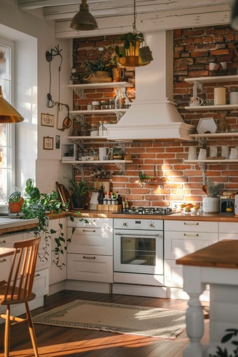 Add Character with a Brick Backsplash in Your Farmhouse Kitchen - Quiet Minimal Red Brick Kitchen Backsplash, Brick Floors Kitchen, Kitchen With Red Brick, Farmhouse Kitchen Brick Backsplash, Exposed Brick Walls Kitchen, Brick Wall Kitchen Ideas, Kitchen Brick Backsplash, Brick Backsplash Ideas, Rustic Boho Kitchen