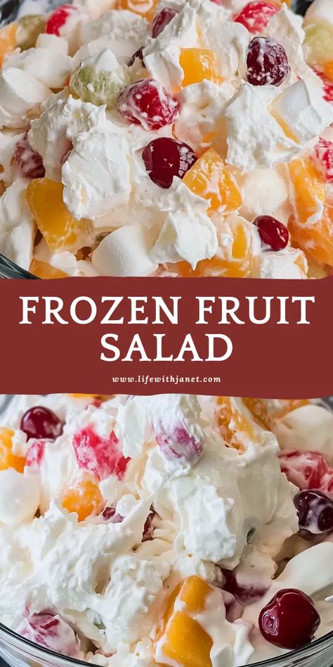 Quick & Easy Frozen Fruit Salad Blackberry Fruit Salad, Potluck Fruit Salad, Rice Fruit Salad, Quick And Easy Salads Simple, Frozen Fruit Salad Recipes Cool Whip, Conjilled Salad, Fruit Dish Ideas, Fruit Dessert Salad, Fruit Salad Make Ahead